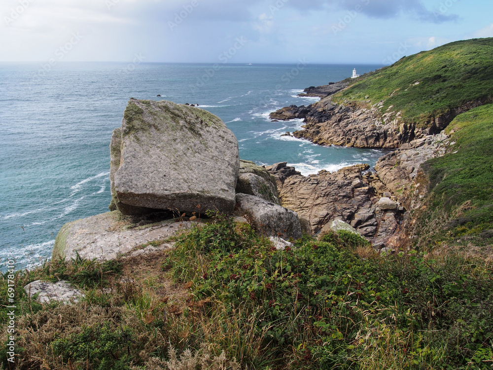 Scenic lighthouse at Cornwall coastline