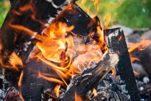 close up of burning wood in fireplace