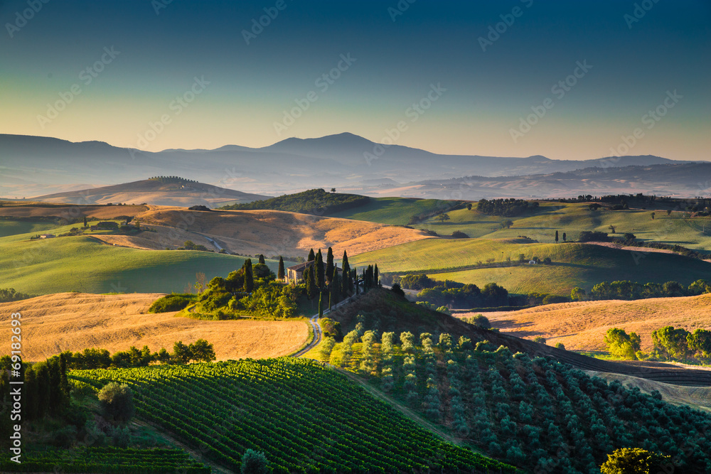 Scenic Tuscany landscape at sunrise, Val d'Orcia, Italy