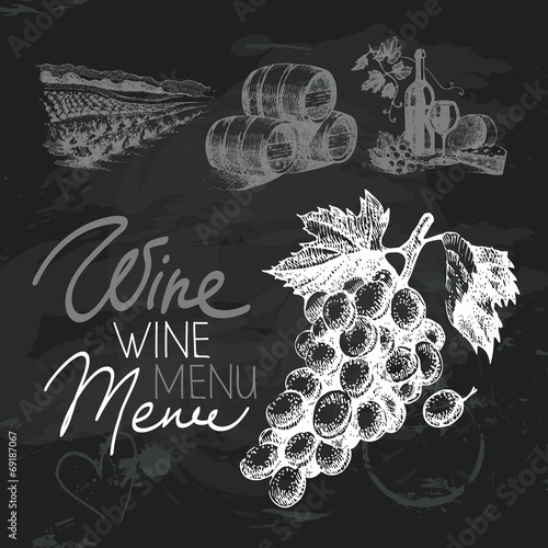 Wine hand drawn chalkboard design set. Black chalk texture