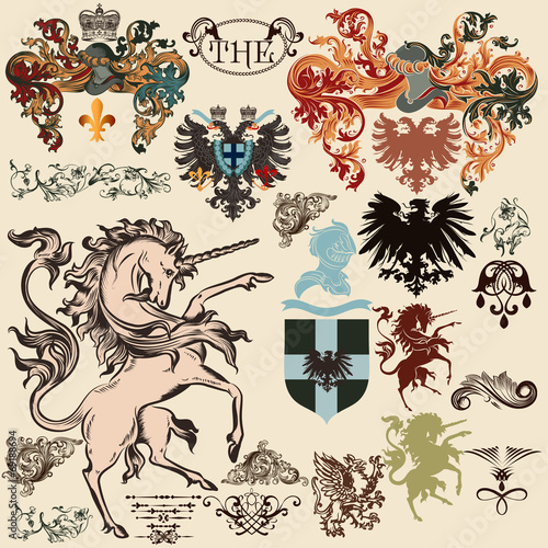 Collection of vector heraldic elements in vintage style