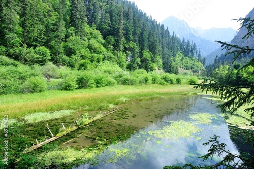 beautiful lake and mountain landscape in jiuzhaigou national par