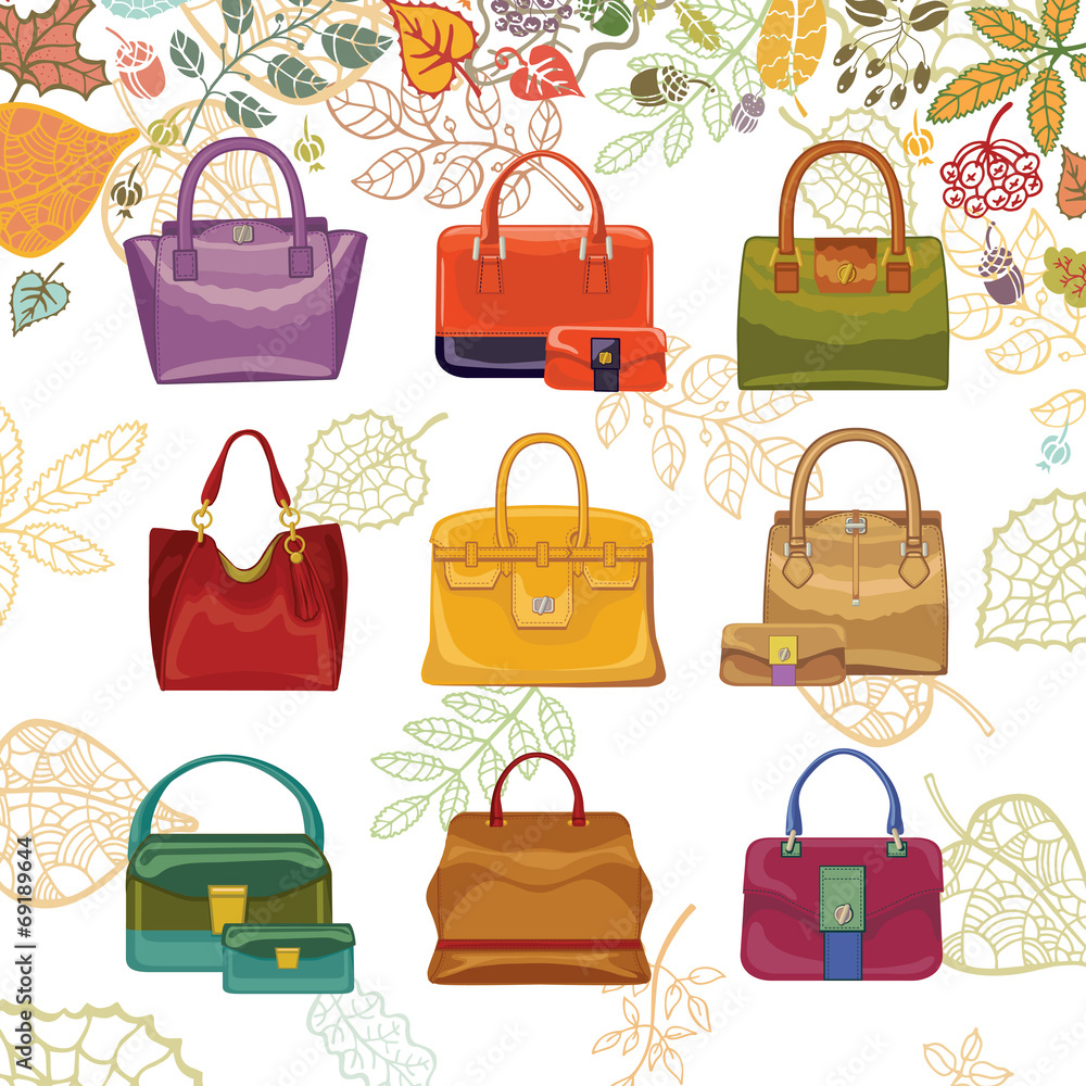 Autumn fashion. Women's handbags and leaves top Autumn fashion. Women's handbags and leaves top