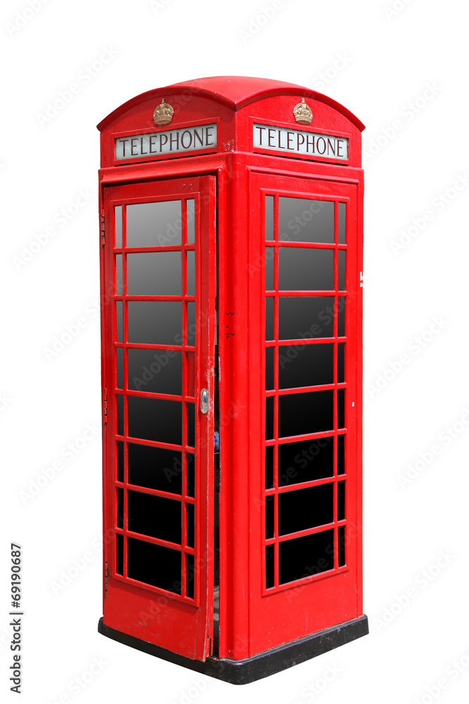 Classic British red phone booth in London UK, isolated on white Classic British red phone booth in London UK, isolated on white