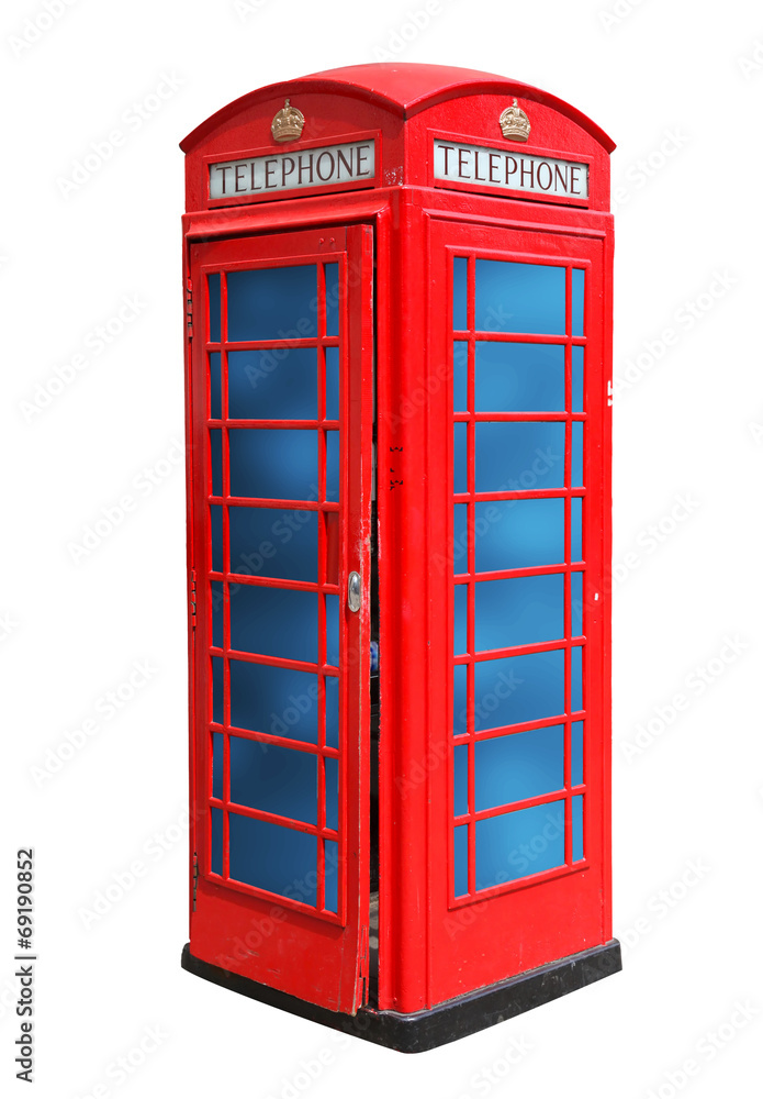 Classic British red phone booth in London UK, isolated on white Classic British red phone booth in London UK, isolated on white