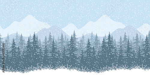 Seamless winter landscape with fir trees