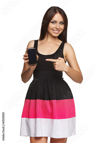 Woman showing mobile cell phone with black screen photo