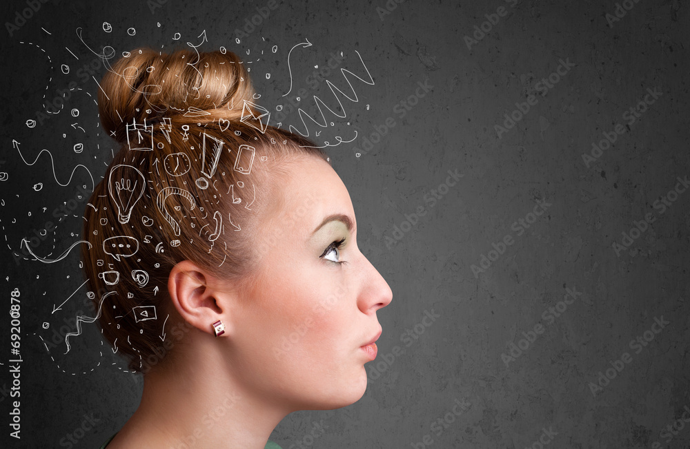 Young girl thinking with abstract icons on her head Young girl thinking with abstract icons on her head