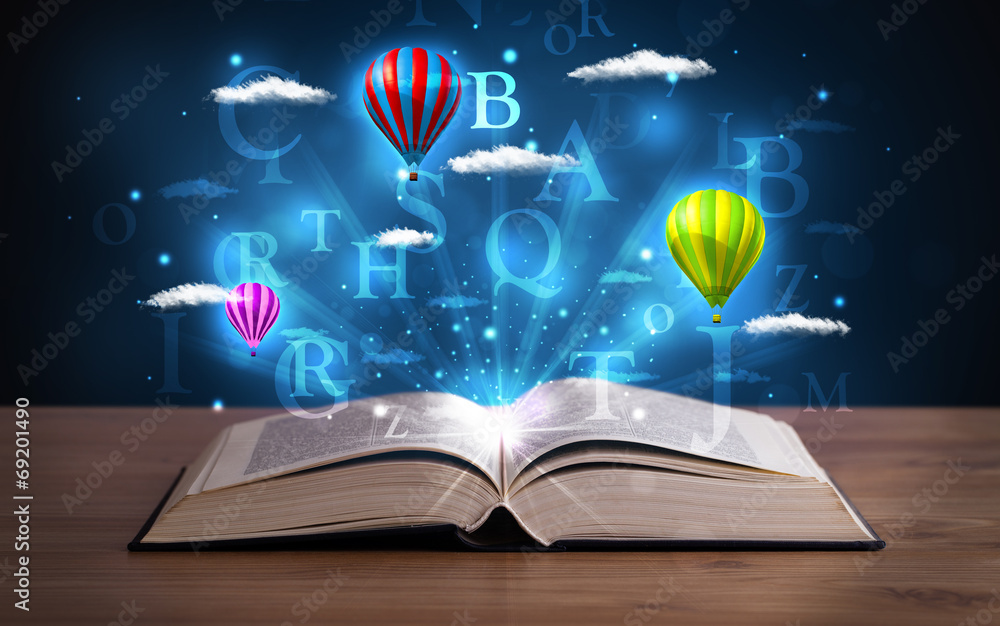 Obraz Open book with glowing fantasy abstract clouds and balloons