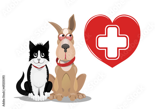 Dog and cat with medical heart and cross