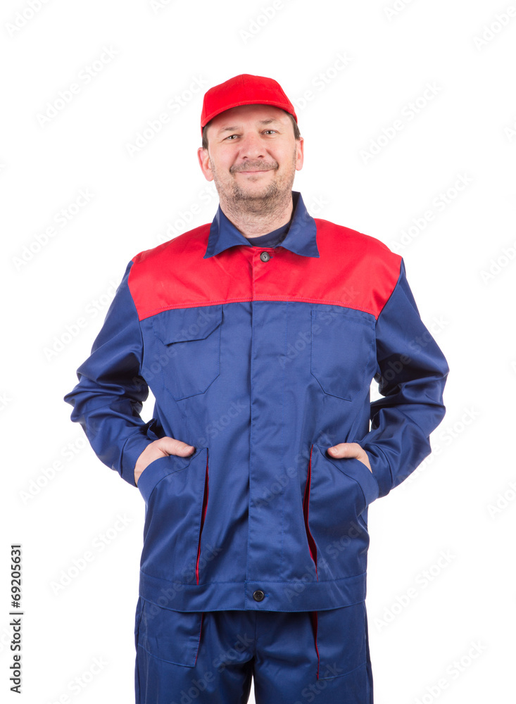 Worker in red-blue workwear.