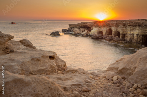 Sea caves at sunset. Mediterranean Sea. Nature composition