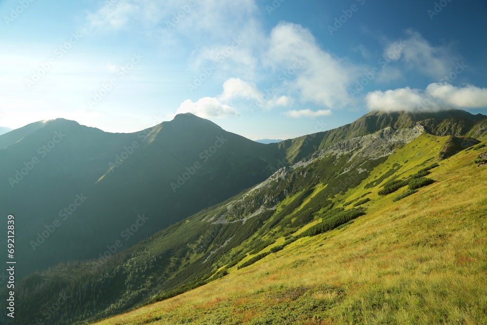 View of Carpathian Mountains from the top at dawn, Poland