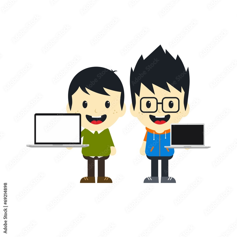 adorable boy with laptop cartoon character