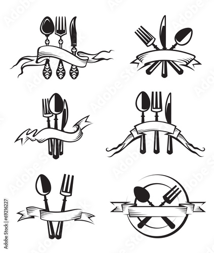 monochrome illustrations set of knife, fork and spoon