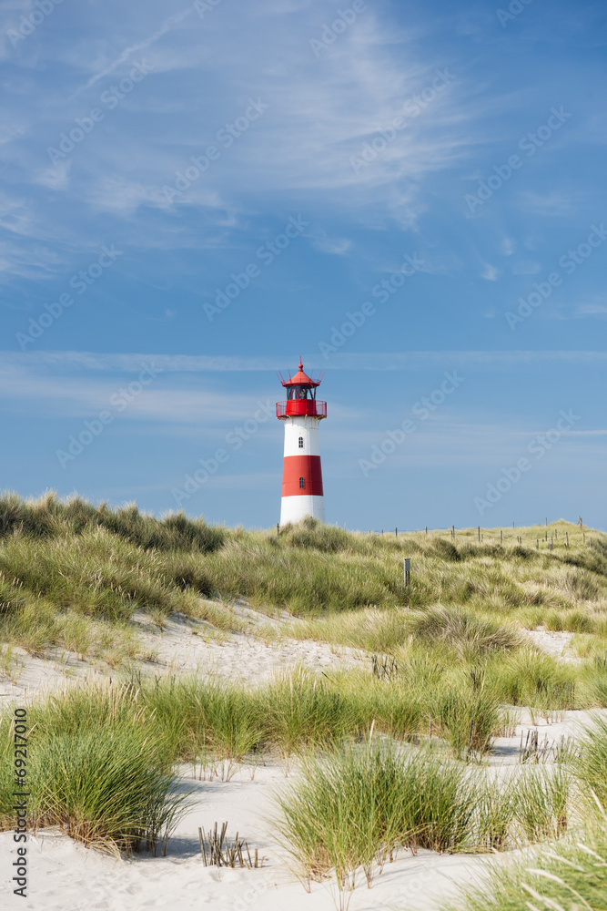Lighthouse on dune. Focus on background with lighthouse.