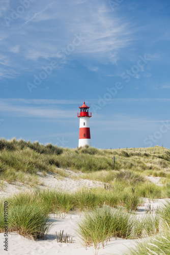 Lighthouse on dune. Focus on background with lighthouse.