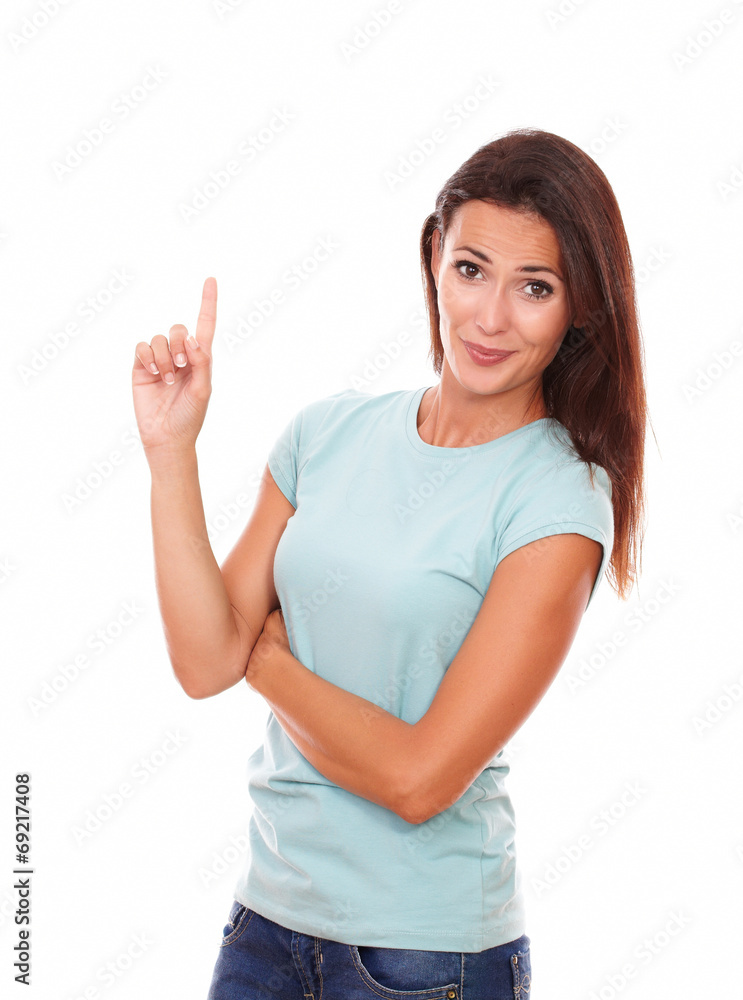 Adult lady pointing up and looking at you Adult lady pointing up and looking at you