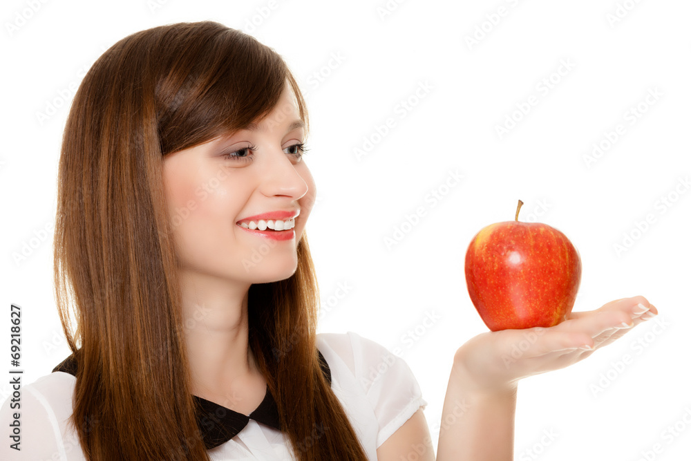 Diet. Girl offering apple seasonal fruit. Diet. Girl offering apple seasonal fruit.
