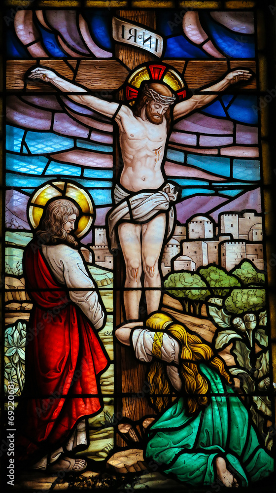 Jesus on the cross - stained glass - obrazy, fototapety, plakaty 