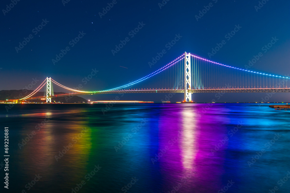 sunset with Akashi Kaikyo bridge on twilight sky at Kobe port, J