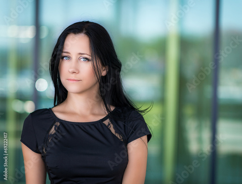 Photo of beautiful lady in elegant evening dress, outdoor.