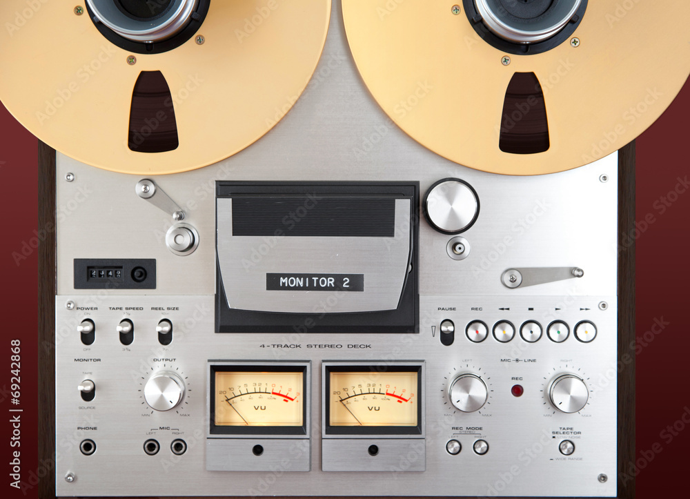 Fototapeta premium Analog Stereo Open Reel Tape Deck Recorder VU Meter Closeup