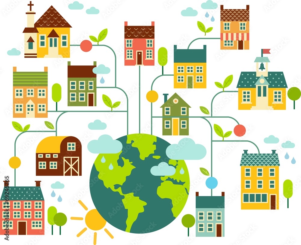 Planet earth with colorful houses and other buildings Planet earth with colorful houses and other buildings