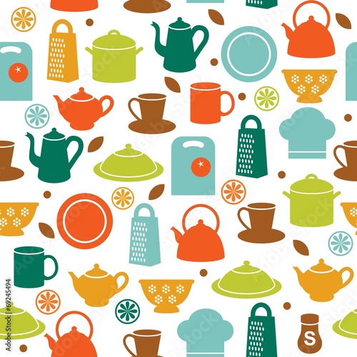 Seamless pattern of kitchen utensils in flat style