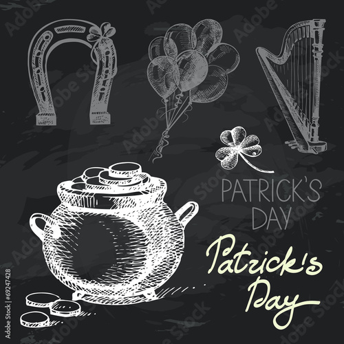 St. Patrick's Day hand drawn chalkboard design set.
