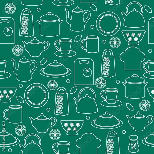Seamless pattern of kitchen utensils in outline style