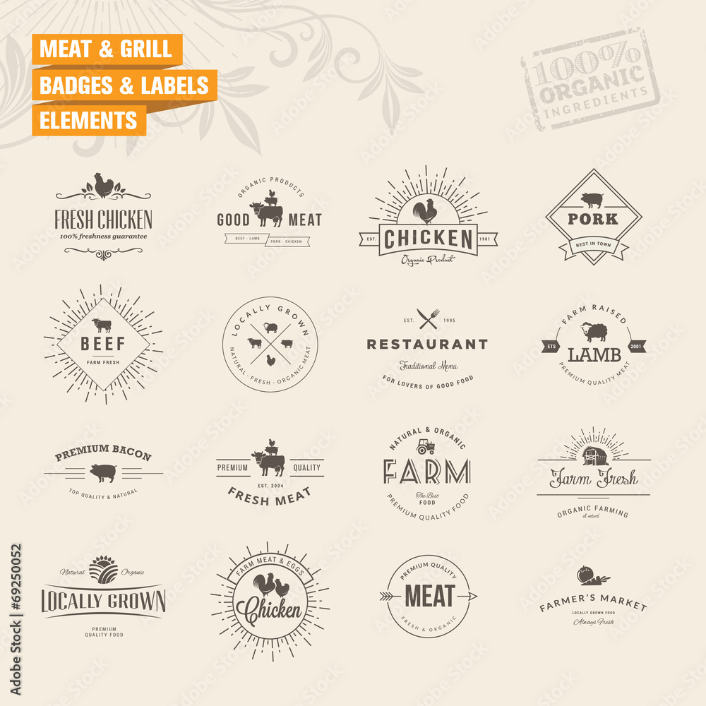Set of badges and labels elements for meat and grill Set of badges and labels elements for meat and grill