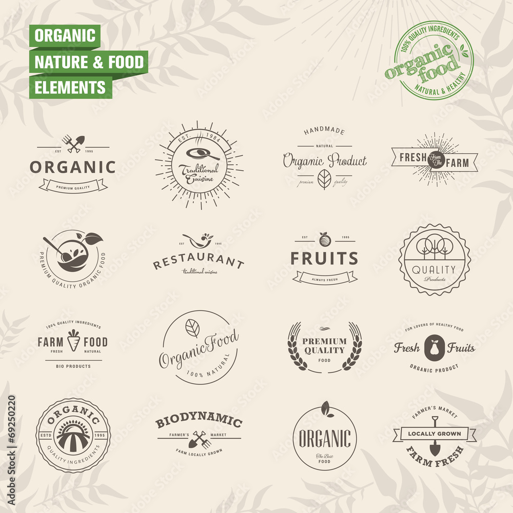 Set of badges and labels elements for organic nature and food