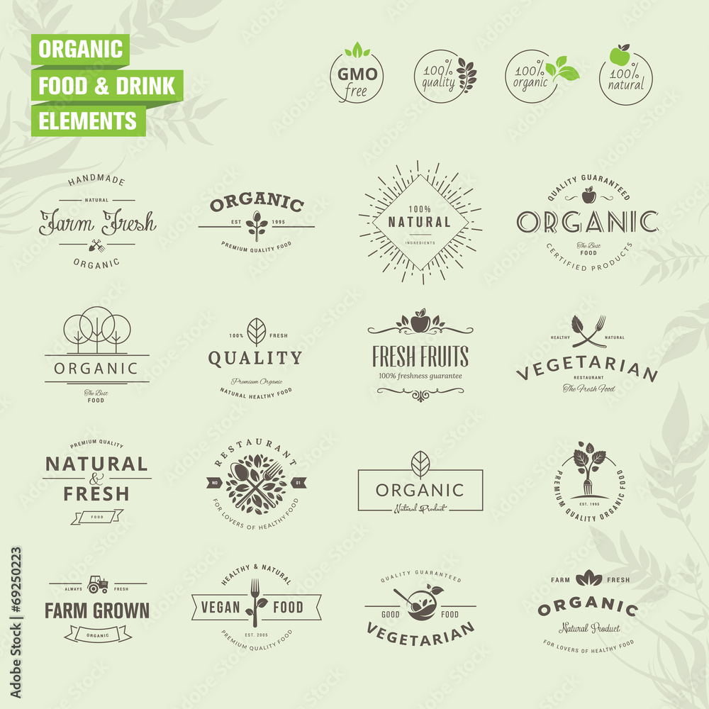Set of badges and labels elements for organic food and drink Set of badges and labels elements for organic food and drink