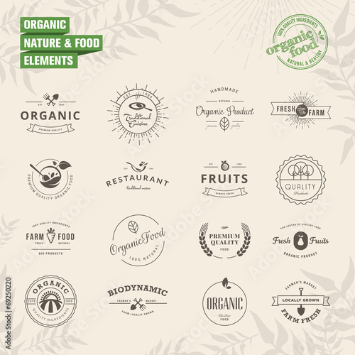 Set of badges and labels elements for organic nature and food