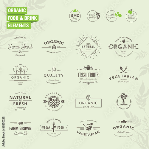 Set of badges and labels elements for organic food and drink