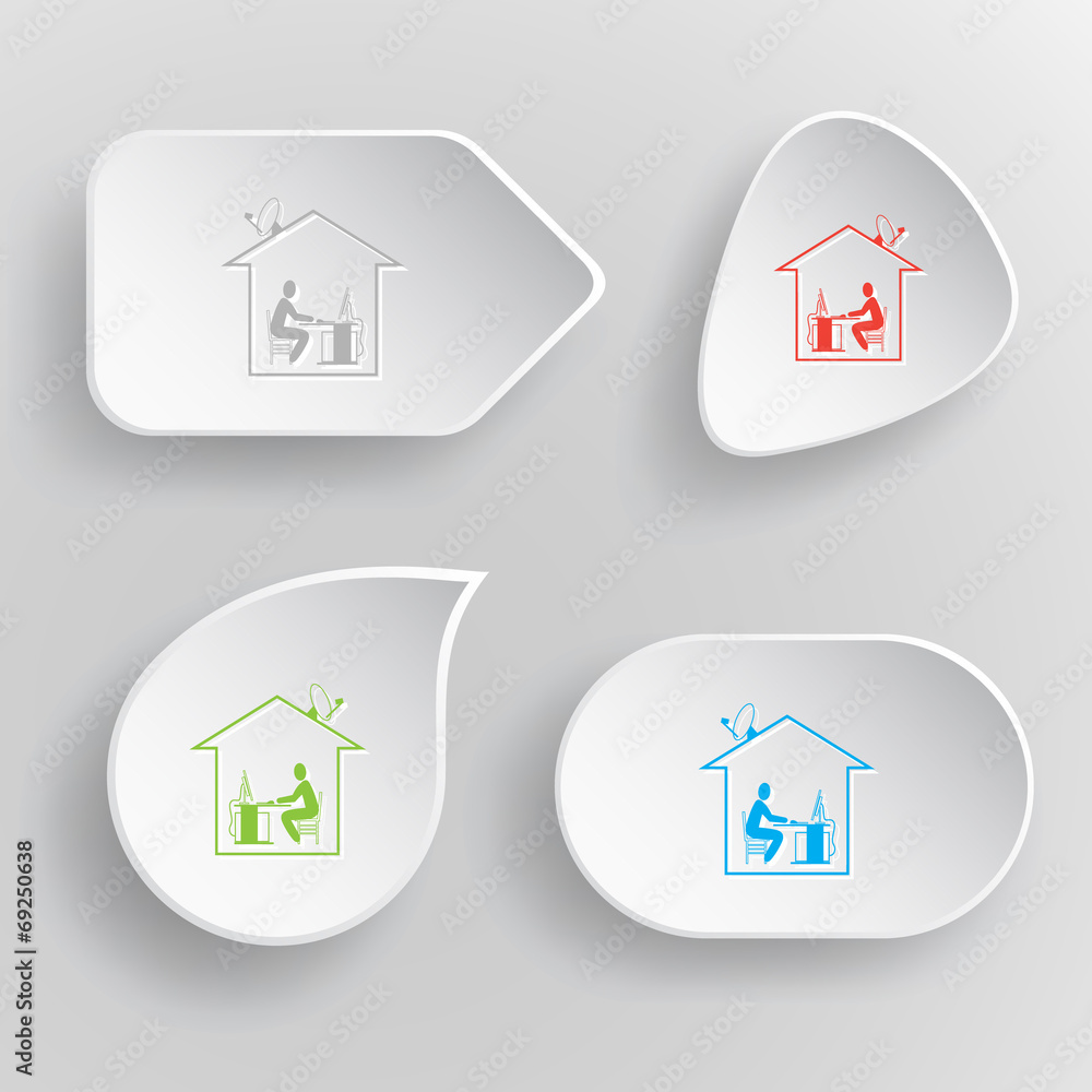 Home work. White flat vector buttons on gray background.