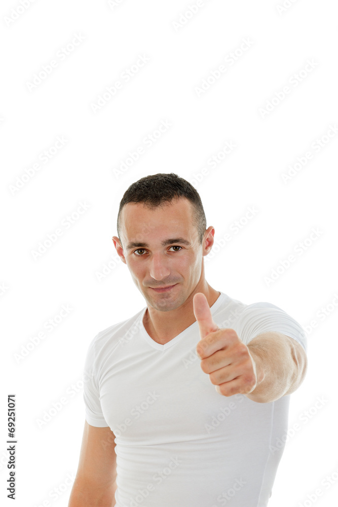 picture of handsome man in white t-shirt showing thumb up picture of handsome man in white t-shirt showing thumb up