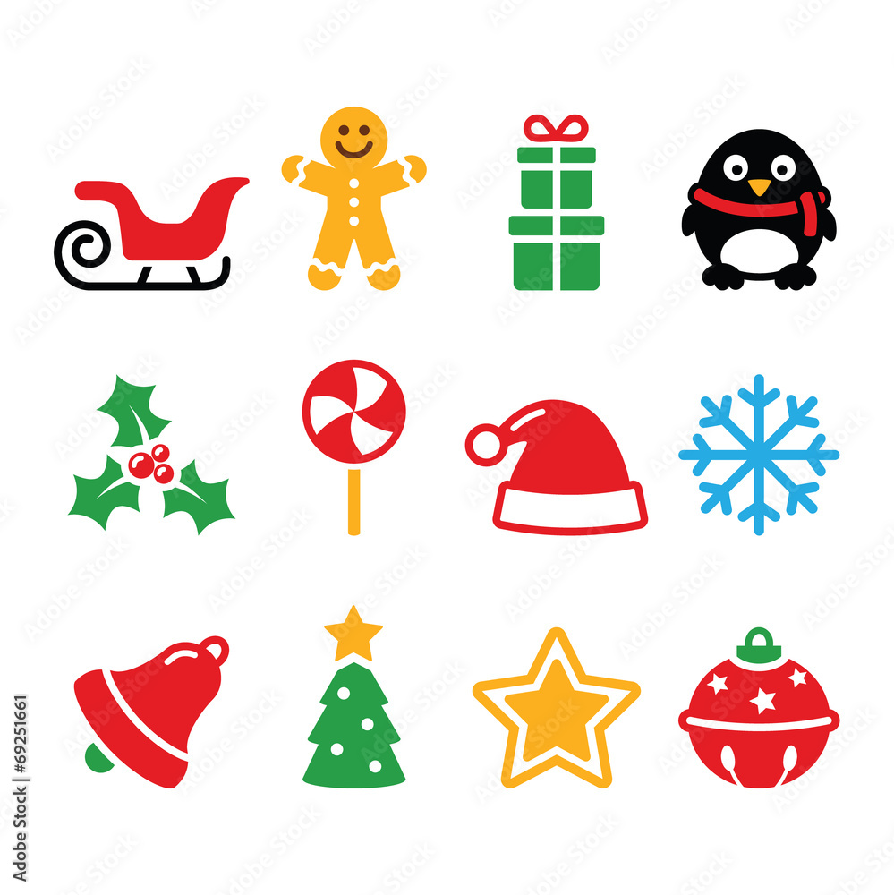 Christmas icons set - Santa, xmas tree, present