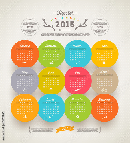 Vector template design - Calendar 2015 with hipster symbols photo