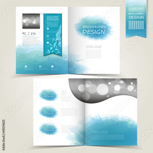 blue template for advertising brochure with blue watercolor spla photo