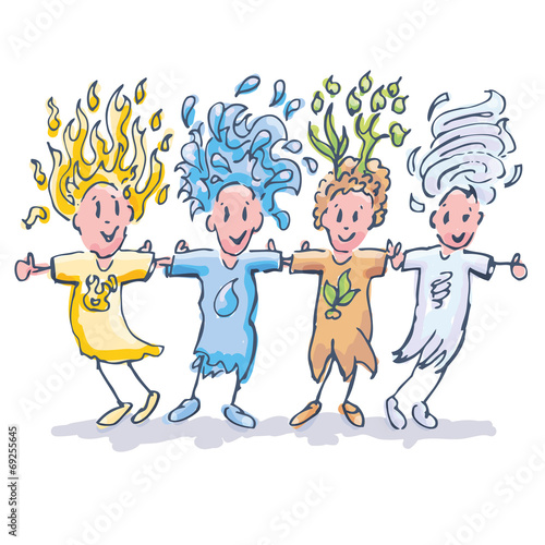 Strichmännchen mit Feuer, Wasser, Erde, Luft