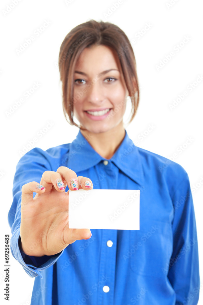 Businesswoman in her 20s in blue shirt showing blank business ca Businesswoman in her 20s in blue shirt showing blank business ca