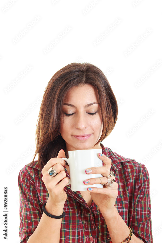 Girl holding cup mug of hot drink coffee or tea Girl holding cup mug of hot drink coffee or tea