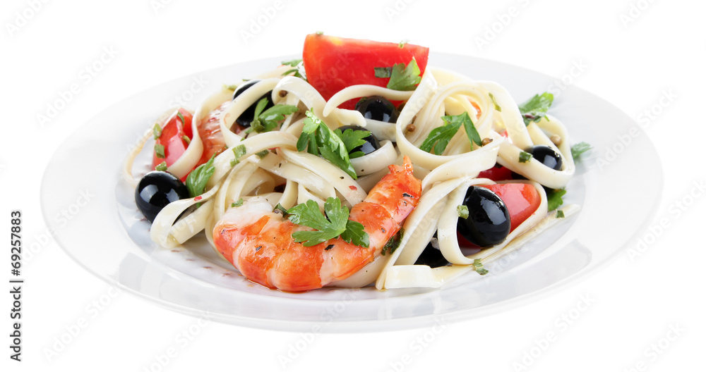 Fresh prawns with spaghetti, olives, tomatoes and parsley in a Fresh prawns with spaghetti, olives, tomatoes and parsley in a