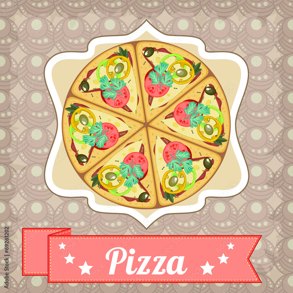 Retro poster with pizza and straight ribbon Retro poster with pizza and straight ribbon