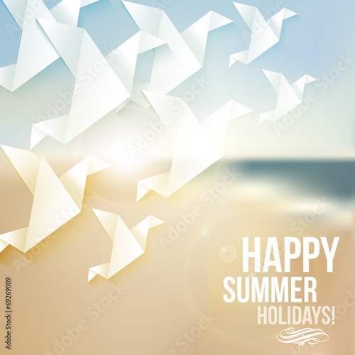 Happy Summer Holidays Ansichtskarte Origami Tauben