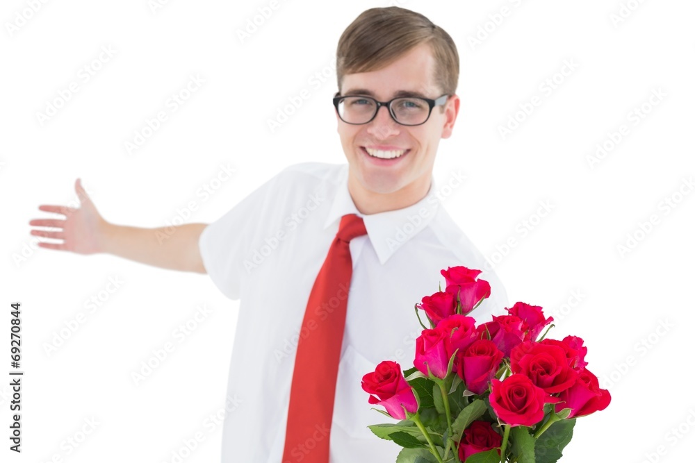 Nerdy hipster offering bouquet of roses Nerdy hipster offering bouquet of roses