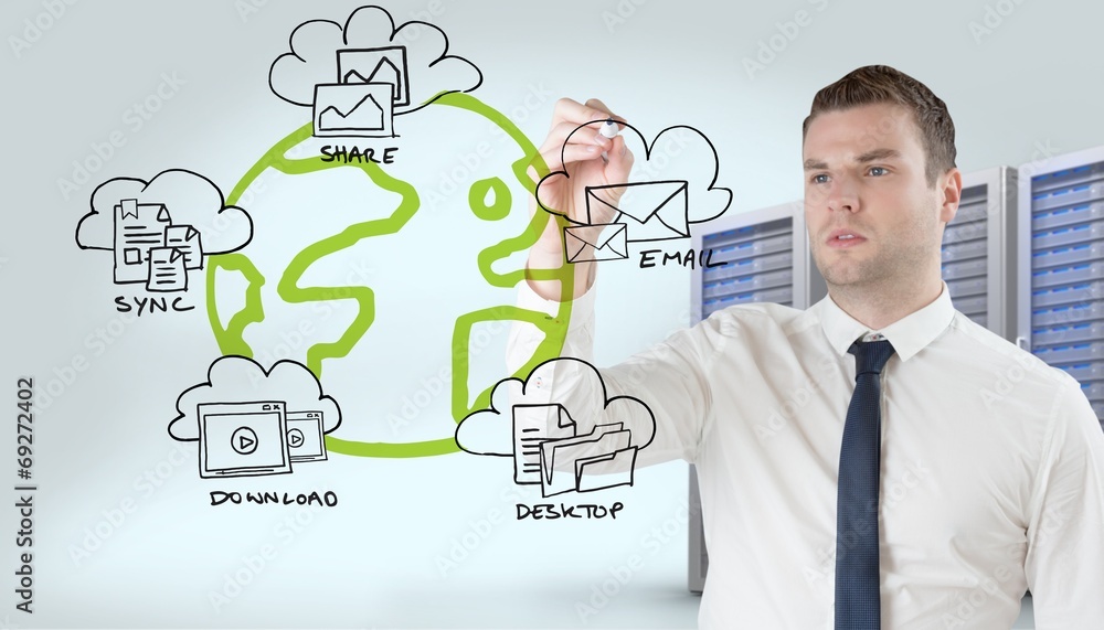 Composite image of young businessman writing with marker Composite image of young businessman writing with marker