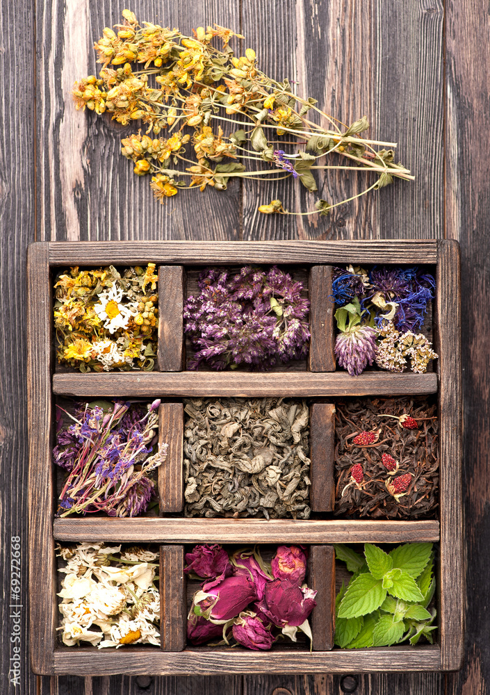 Dried Herbs and flowers in vintage box on wooden background. Stock-Foto